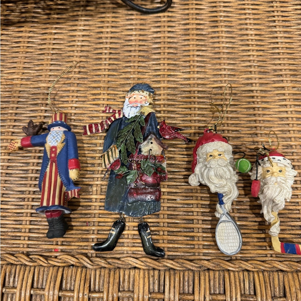 Mixed lot of 4 Santa Claus ornaments-American, tennis, hockey,metal outdoor
